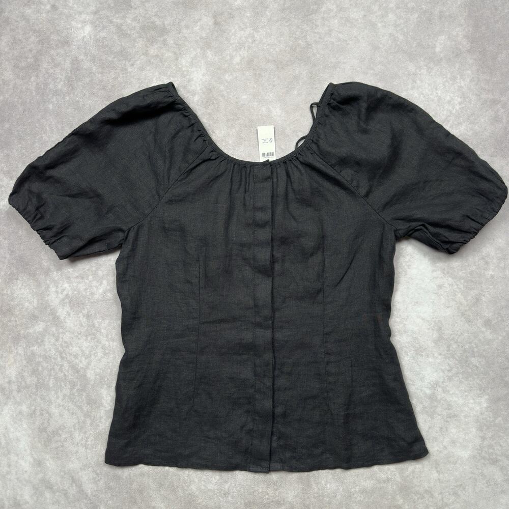 J Crew V Back Tie Back 100% Linen Top Womens Size 2 Black Puff Sleeve Blouse NWT